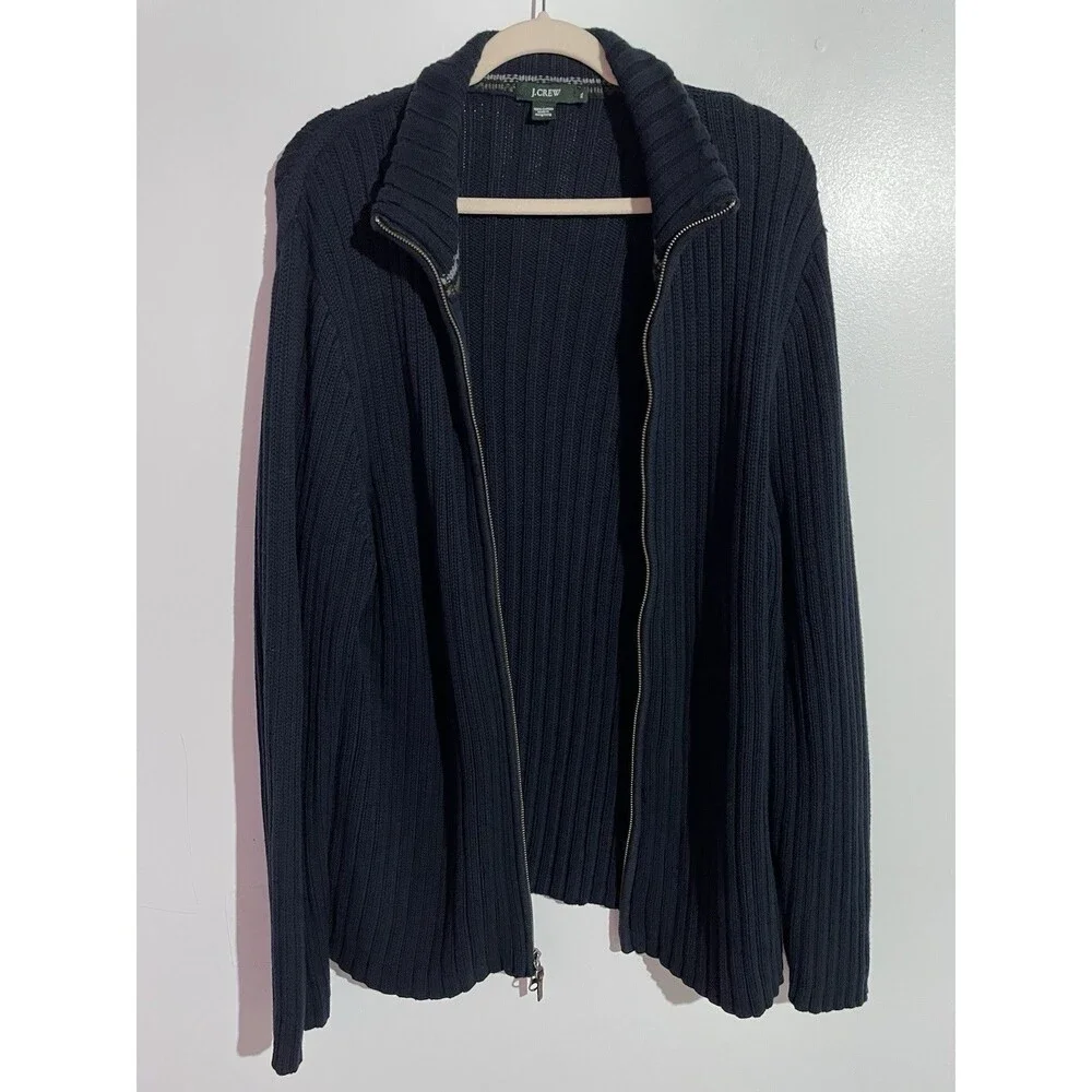 J Crew Cardigan Sweater Mens XL Blue Ribbed Full Zip‎ Mock Neck Preppy Academia